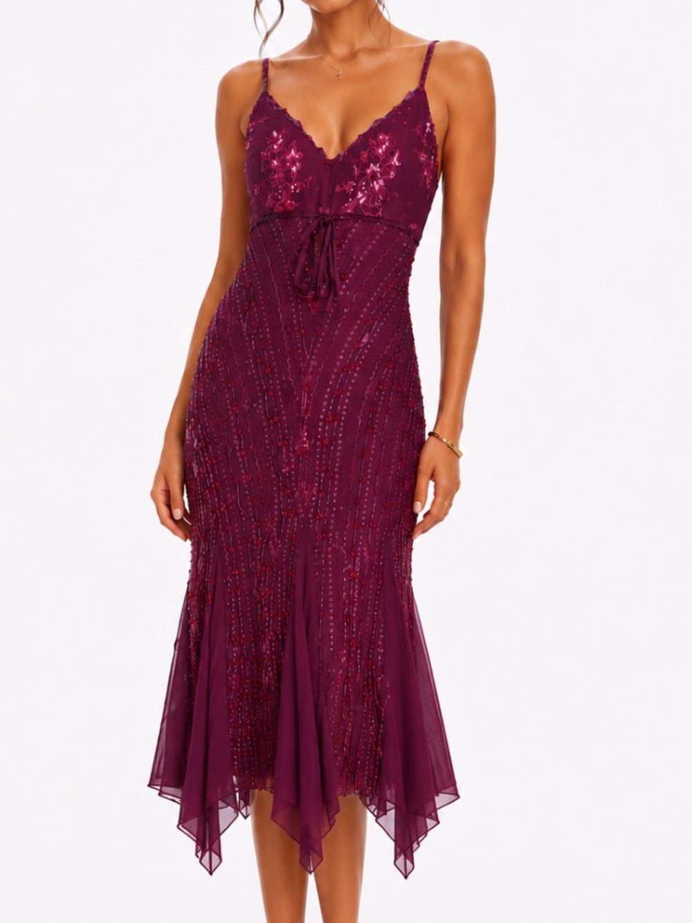 SUE WONG VTG Beaded Asymmetric Handkerchief Hem Maroon Silk Dress RARE Size 12